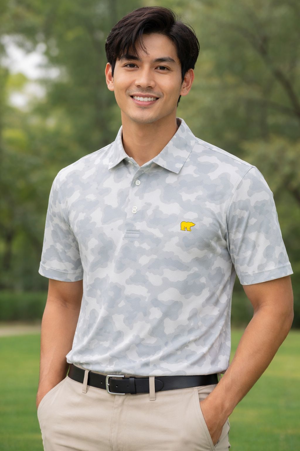 Men’s Grey Camouflage Printed Polo T-Shirt – Modern Casual Essential