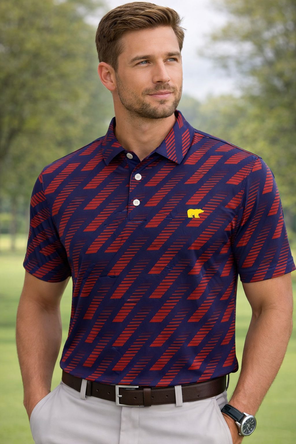 Men’s Premium Printed Golf Polo Shirt – Breathable Performance Fit (Navy & Red)