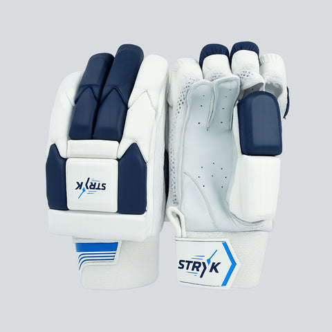 STRYK Premium Leather Cricket Batting Gloves, Navy Blue and White, Soft Fill Protection