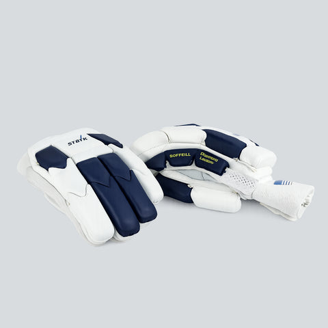 STRYK Premium Leather Cricket Batting Gloves, Navy Blue and White, Soft Fill Protection