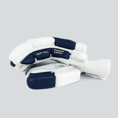 STRYK Premium Leather Cricket Batting Gloves, Navy Blue and White, Soft Fill Protection