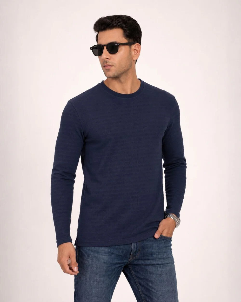 Jacquard Long Sleeve Crewneck Deep Navy